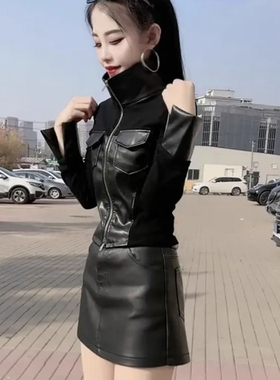 欧货高级感PU皮拼接长袖衬衫女春秋新款气质立领夹克时尚外套上衣