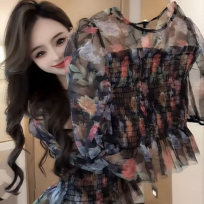 绝美漂亮荷叶边拼接碎花雪纺衫女