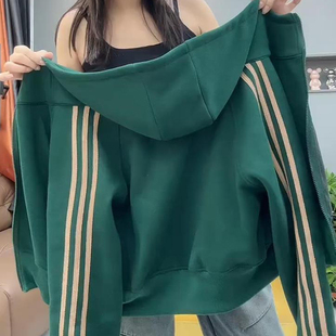 欧货时尚条纹拼接连帽开衫卫衣女2025秋冬新款加绒保暖长袖短外套