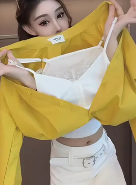 网红时尚爆款假两件长袖衬衫女春秋新款性感蕾丝吊带拼接设计上衣