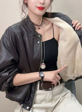 时尚帅气机车风PU皮长袖外套女2026春季新款加绒加厚保暖夹克上衣