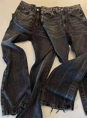 dongxu Flared 水洗黑灰做旧牛仔裤破坏高街91yxng同款微喇大码男