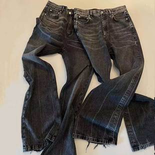 微喇大码 dongxu 破坏高街91yxng同款 水洗黑灰做旧牛仔裤 男 Flared