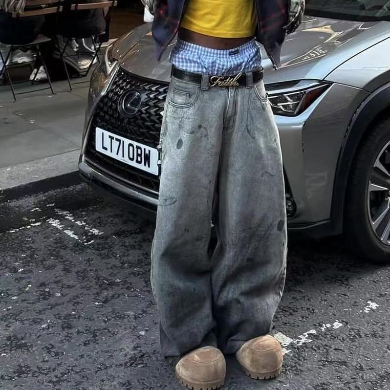 做旧脏染破坏泼墨铆钉廓形牛仔裤