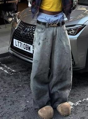 Latui atelier 做旧泥染破坏泼墨铆钉廓形 Baggy牛仔长裤金属排扣