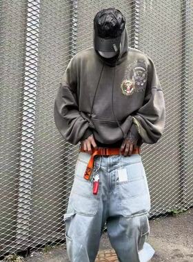 GRAILZ LEARL PROJECT G/R水洗做旧勋章刺绣廓形连帽卫衣外套帽衫