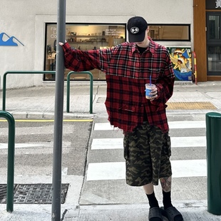 清仓  GRAILZ LEARL 25SS水洗破坏拼接结构法兰绒8号格纹衬衫外套