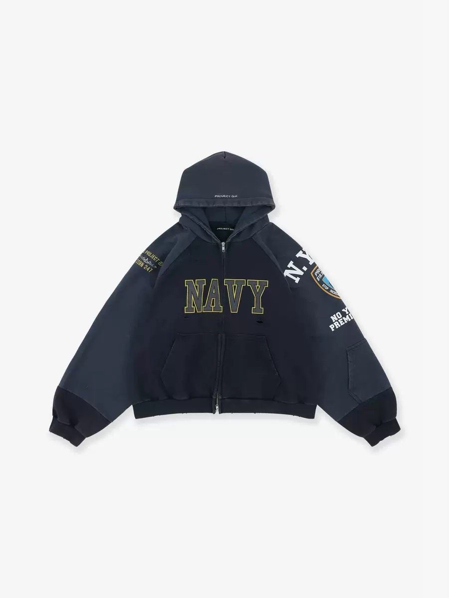 thumbnail for GRAILZ LEARL HEAVY FAKE TWO-PIECE PANELLED HEAVY-DUTY COTTON WASH DISTRESSED ZIP-UP HOODED SWEATSHIRT JACKET