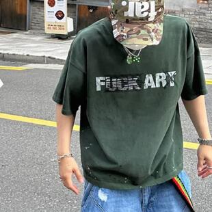 恶搞clean 清仓 水洗做旧泼墨印花短袖 ARCHIVE fit标语圆T恤 FAR