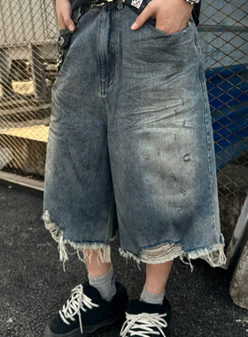 现货 Grailz LEARL 夏季破坏泥染做旧蓝灰色拼接流苏设计牛仔短裤