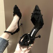 高跟鞋 少女百搭黑色细跟法式 设计感小众 女2022夏季 一字扣尖头凉鞋