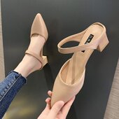 包头凉拖鞋 2026春季 新款 时尚 尖头粗跟中跟百搭浅口女士外穿女鞋 子
