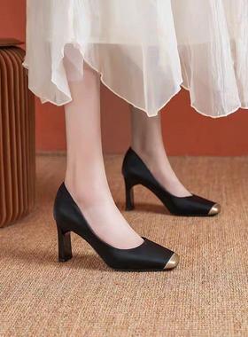 拼接高跟鞋女春2025新款方头粗跟时尚百搭通勤浅口单鞋气质工作鞋