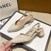 女尖头2026春季 新款 法式 小香风包头粗跟单鞋 一字带气质中跟凉鞋 子