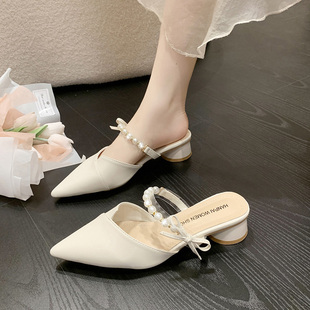 女2025年新款 小凉鞋 夏季 珍珠尖头粗跟仙女法式 外穿时尚 包头半拖鞋