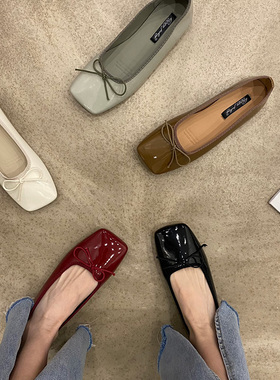 小香风单鞋女2025春秋新款蝴蝶结方头平底瓢鞋通勤浅口百搭奶奶鞋