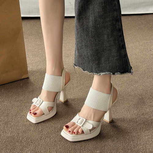 气质细跟方头罗马露趾凉鞋性感