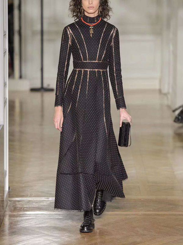 欧货秀场同款重磅真丝连衣裙 春夏新品重工拼接蕾 丝大摆长裙