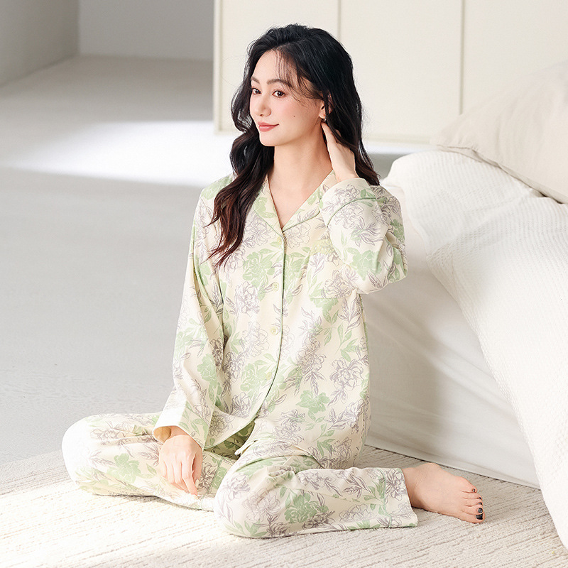 6040睡衣女士2025春秋新款简约舒适宽松开衫翻领家居服套装可外穿