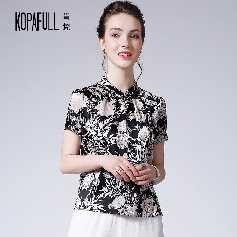 大码杭州立领妈妈装重磅真丝衬衫