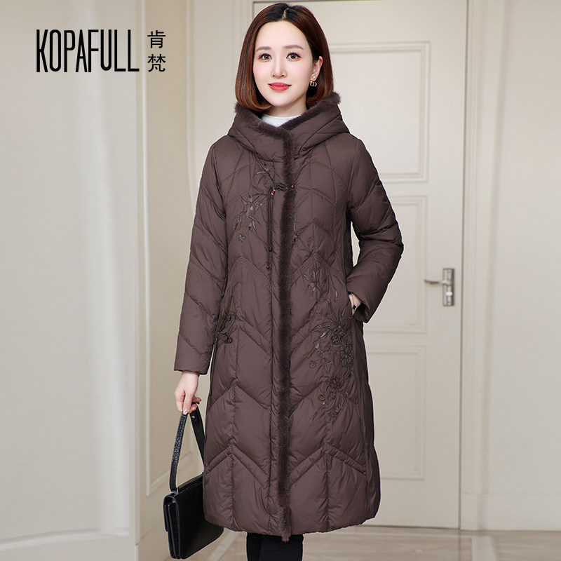 高端品牌加厚鹅绒羽绒服女2025冬长款过膝复古妈妈装水貂毛领外套