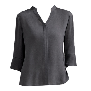 2026夏V领鬼绉真丝衬衫女七分袖高级灰中长款宽松100%桑蚕丝上衣