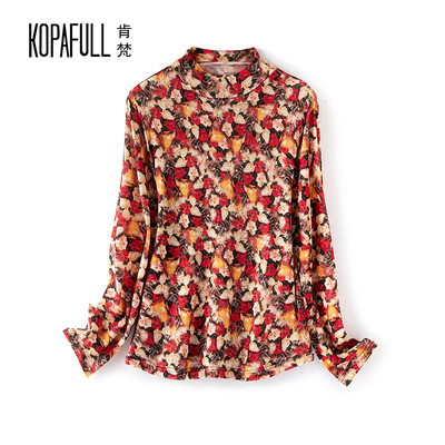 羊毛套头半高领印花打底衫