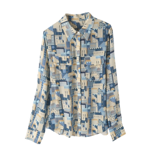 重磅双绉真丝衬衫女长袖2025秋装双口袋大码宽松印花桑蚕丝上衣女