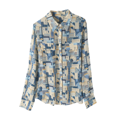 宽松双口袋印花长袖真丝衬衫女