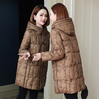 中国风中长款连帽印花羽绒服女