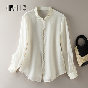 提花欧根纱桑蚕丝上衣女2025秋季中式立领妈妈装长袖真丝衬衫薄款