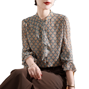 立领荷叶边长袖真丝衬衫女2025复古印花高端品牌设计感桑蚕丝上衣