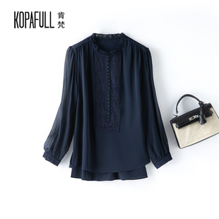 高端真丝衬衫 宽松衬衣2026春立领复古蕾丝拼接桑蚕丝上衣 女长袖