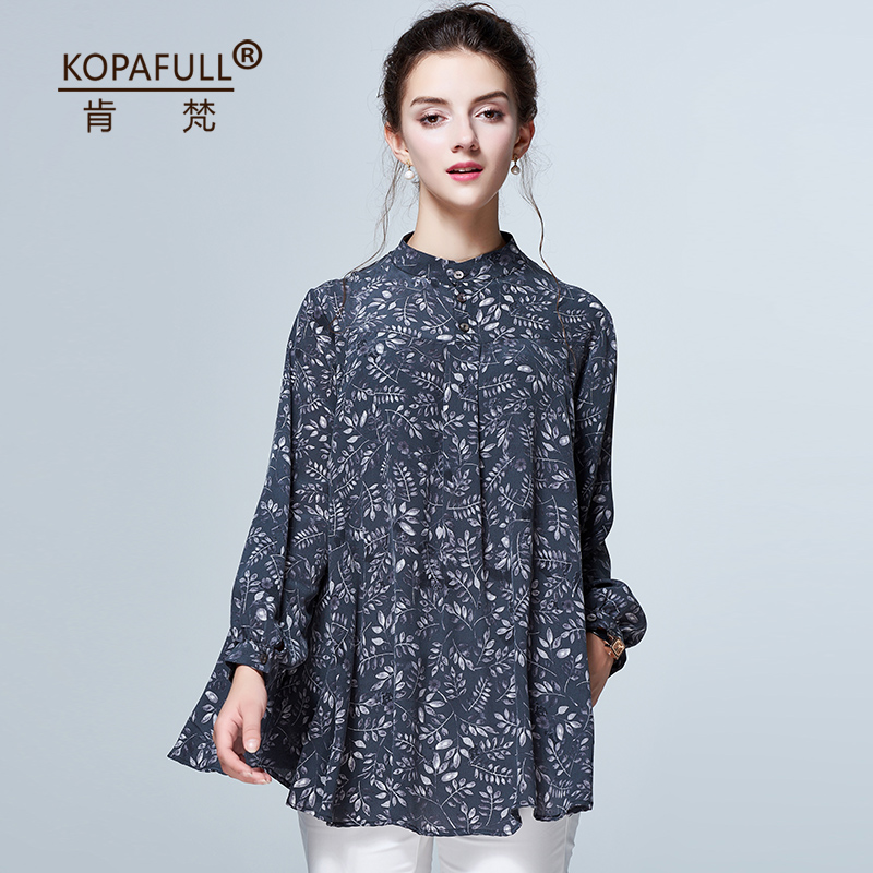 大码宽松立领碎花重磅真丝衬衫