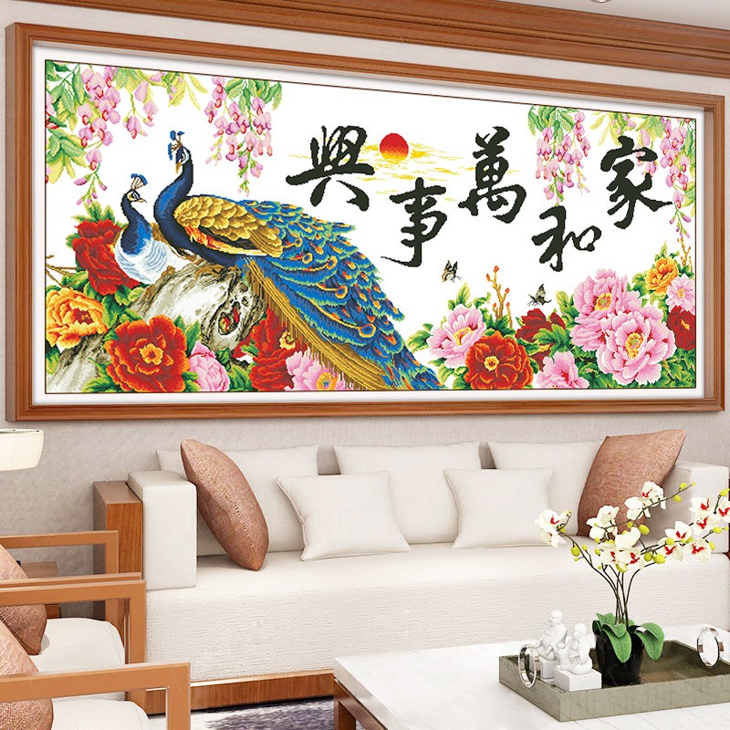 2026年新款手工刺绣孔雀客厅大画