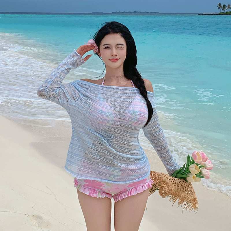 大码泳衣女挂脖系带性感比基尼三件套防嗮罩衫海滩度假泡温泉泳装
