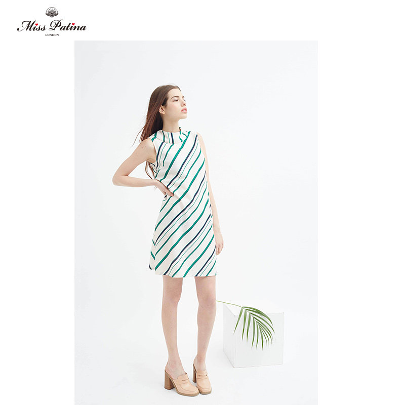 mp英伦复古原创设计 棕榈条纹60年代优雅条纹复古无袖连衣裙
