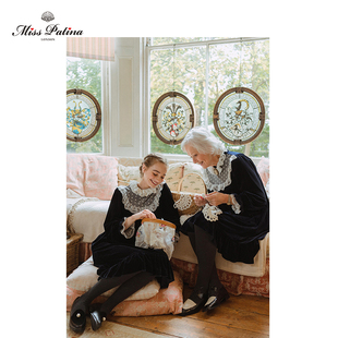 送蕾丝领 MP英伦复古原创设计 伊丽莎白宫廷丝绒宽松连衣裙