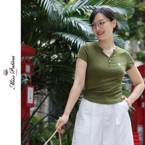 猫爪V领短袖T恤女修身显瘦透气