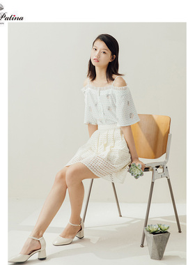 MP英伦复古原创设计 大理石印花简约吊带一字肩短袖百搭上衣