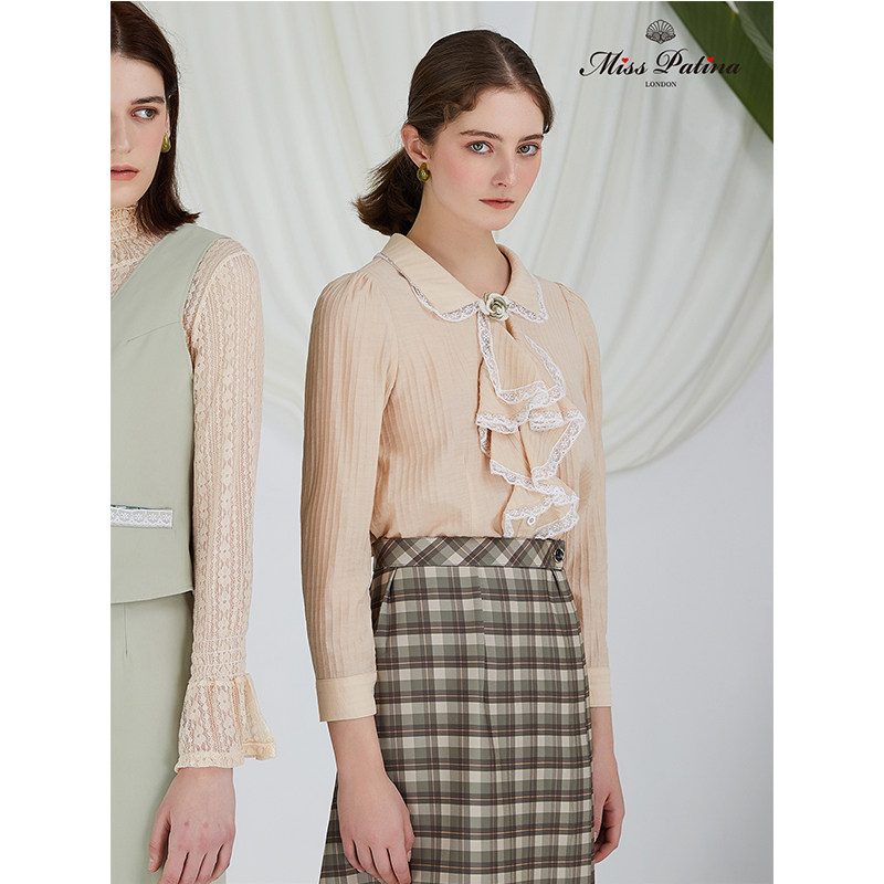 mp英伦复古原创 洛可可棕榈梦 古典荷叶边领巾衬衫通勤知性显瘦