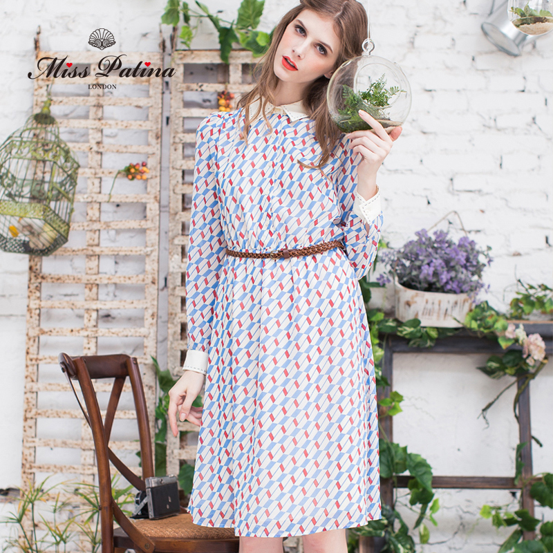 英伦复古优雅长袖雪纺印花连衣裙