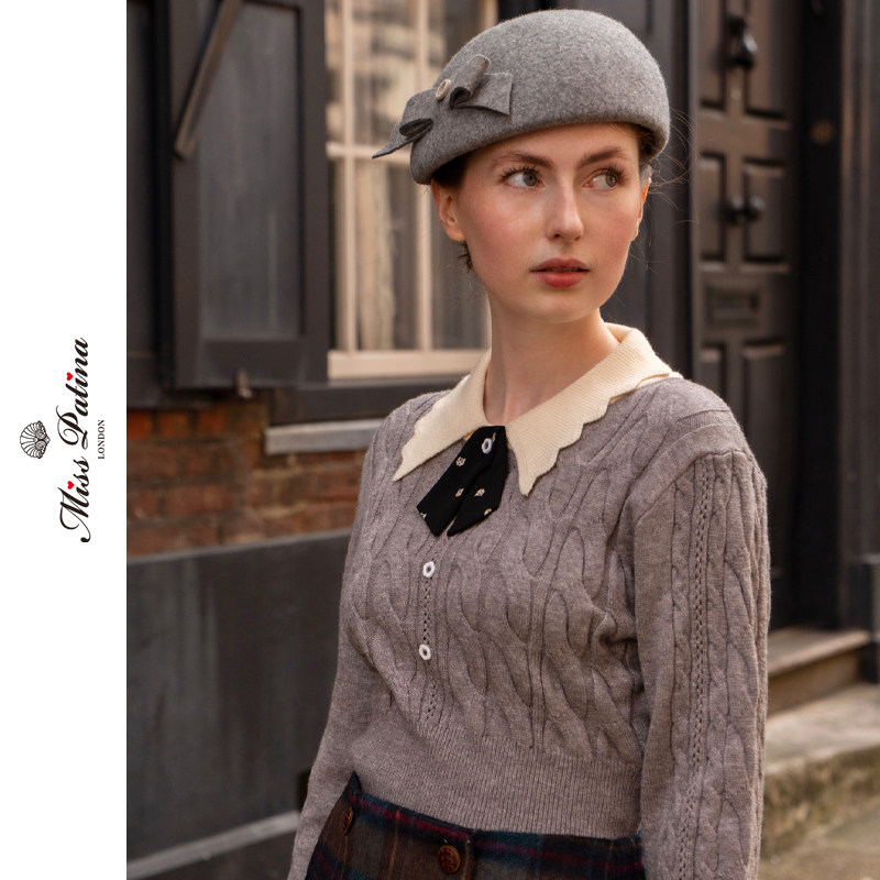 MP复古原创设计 通勤花瓣撞色领麻花长袖套头针织衫上衣秋冬新品