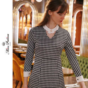 MP英伦复古原创设计经典千鸟格交叉小白领长袖连衣裙优雅时尚秋冬