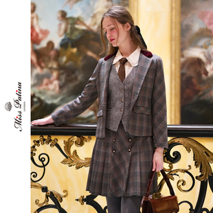 MP英伦复古原创设计 学院风撞色领短款修身jk风百褶半裙+西装套装