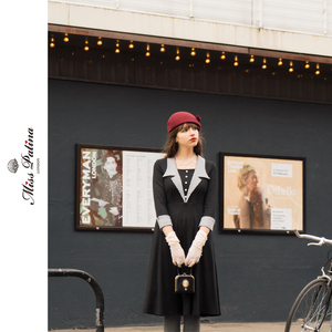 MP复古原创设计女王棋局赫本风西装领优雅名媛小黑裙七分袖连衣裙