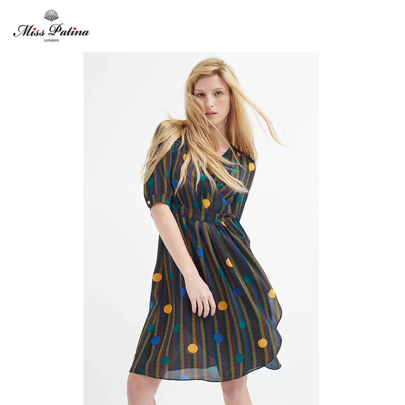 mp英伦复古原创设计 优雅斜系带v领 波普印花中袖修身连衣裙