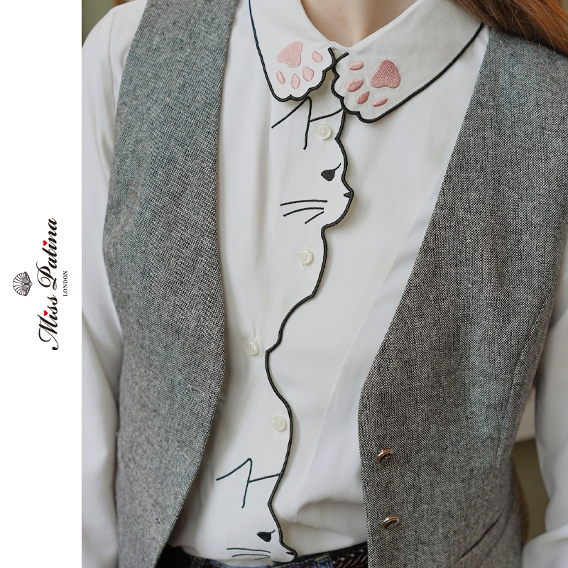 英伦复古原创设计刺绣猫咪衬衫