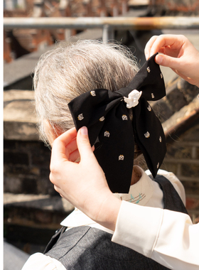 MP复古手工缝制黑色猫咪印花小天使气质大蝴蝶结头饰发饰发夹