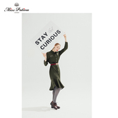 MP英伦原创 绿连衣裙复活款 Lady Cat刺绣口袋猫飘逸荷叶摆衬衫